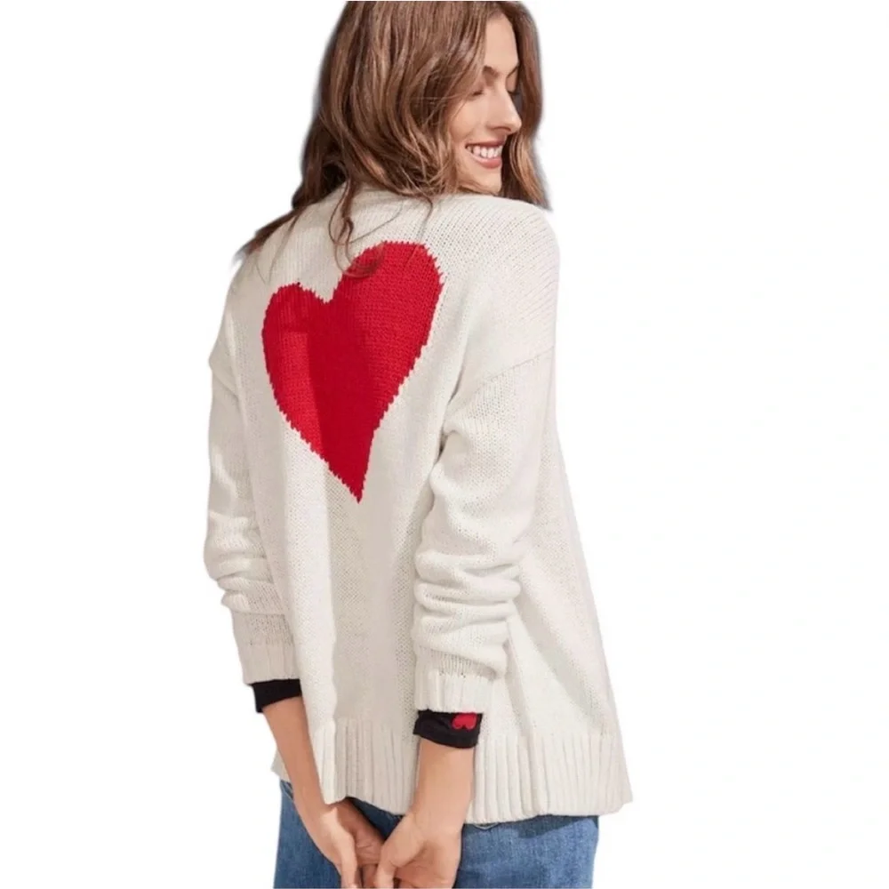 LOFT Cream Cardigan with Red Heart on Back Medium NWOT - Picture 2 of 7